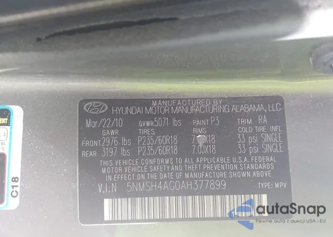 2010 Hyundai Santa Fe Se z USA, uszkodzony, nr VIN 5NMSH4AG0AH377899